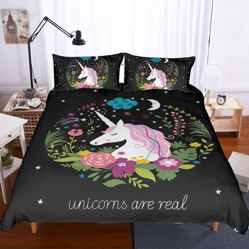  Merryword Princess Unicorn Duvet Cover Set Black Unicorn Bedding Black Pink Girls Flower Bedding Sets Queen (90 x 90) 1 Duvet Cover 2 Pillowcase