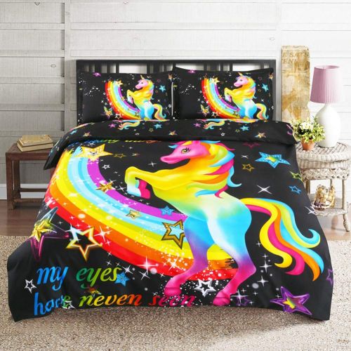  Merryword Princess Unicorn Duvet Cover Set Black Unicorn Bedding Black Pink Girls Flower Bedding Sets Queen (90 x 90) 1 Duvet Cover 2 Pillowcase