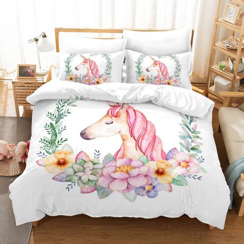  Merryword Princess Unicorn Duvet Cover Set Black Unicorn Bedding Black Pink Girls Flower Bedding Sets Queen (90 x 90) 1 Duvet Cover 2 Pillowcase