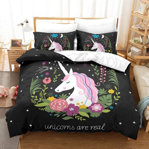  Merryword Princess Unicorn Duvet Cover Set Black Unicorn Bedding Black Pink Girls Flower Bedding Sets Queen (90 x 90) 1 Duvet Cover 2 Pillowcase