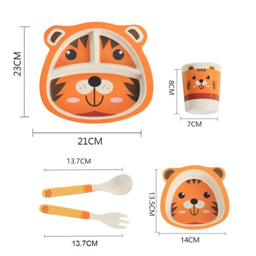  Merssavo 5PCS Cute Baby Plate Spoon Cup Forks Dinnerware Feeding Bamboo Fiber Tableware Tiger