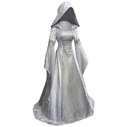  Mesodyn Womens Medieval Lace-up Vintage Hooded Cloak Robe Adult Costume Retro Cosplay Long Dress