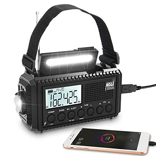  Mesqool Auto NOAA Digital 5000 Weather Radio with Backlit LCD Screen, 5 Way Powered Solar Hand Crank Portable AM/FM/Shortwave Emergency Radio/Phone Charger,Read Lamp/Camping Flashlight,Ear