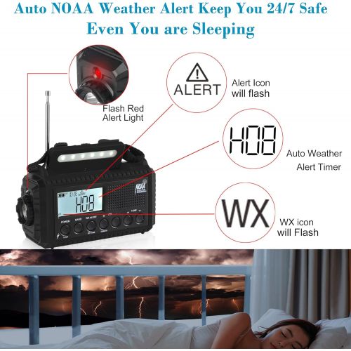  Mesqool Auto NOAA Digital 5000 Weather Radio with Backlit LCD Screen, 5 Way Powered Solar Hand Crank Portable AM/FM/Shortwave Emergency Radio/Phone Charger,Read Lamp/Camping Flashlight,Ear