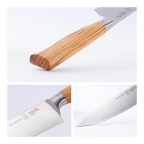  Messermeister Oliva Elite Stealth 8” Chef’s Knife - Fine German Steel Alloy Blade & Natural Mediterranean Olive Wood Handle - Rust Resistant & Easy to Maintain