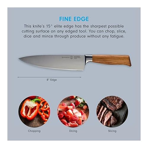  Messermeister Oliva Elite Stealth 8” Chef’s Knife - Fine German Steel Alloy Blade & Natural Mediterranean Olive Wood Handle - Rust Resistant & Easy to Maintain