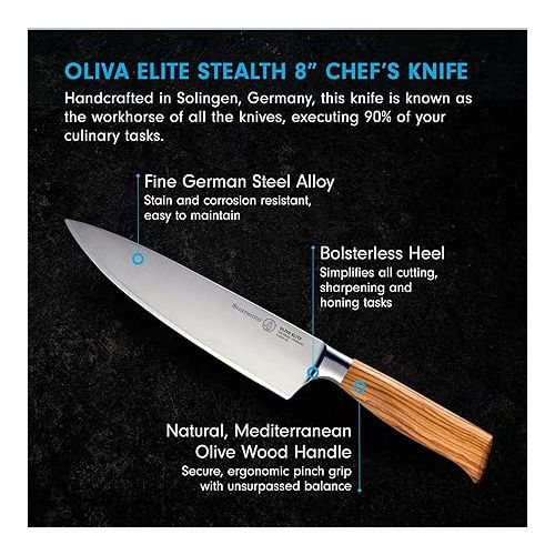  Messermeister Oliva Elite Stealth 8” Chef’s Knife - Fine German Steel Alloy Blade & Natural Mediterranean Olive Wood Handle - Rust Resistant & Easy to Maintain