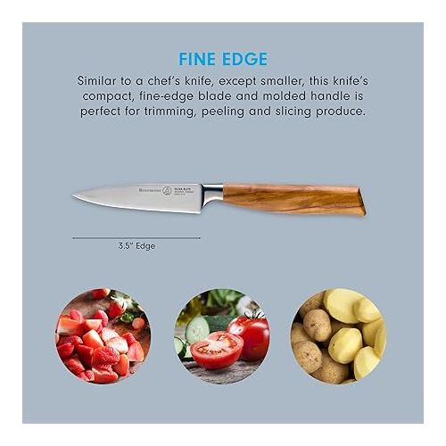  Messermeister Oliva Elite 3.5” Paring Knife - Fine German Steel Alloy Blade & Natural Mediterranean Olive Wood Handle - Rust Resistant & Easy to Maintain