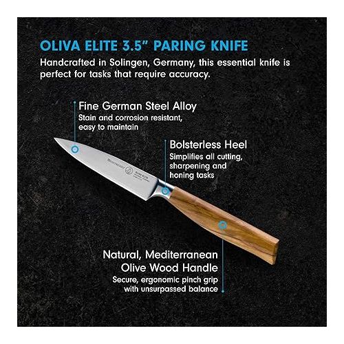  Messermeister Oliva Elite 3.5” Paring Knife - Fine German Steel Alloy Blade & Natural Mediterranean Olive Wood Handle - Rust Resistant & Easy to Maintain