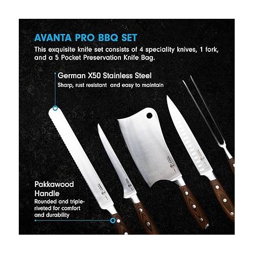  Messermeister Avanta 6-Piece Pro BBQ Set - German X50 Stainless Steel - Includes 5 BBQ Knife Essentials & Preservation 5 Pocket Black Knife Bag
