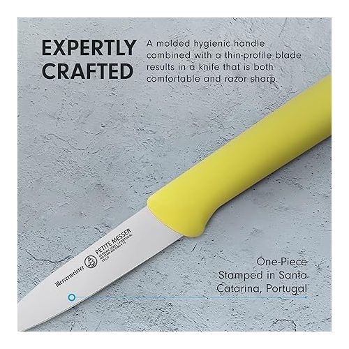  Messermeister Petite Messer 3” Spear Point Parer with Matching Sheath, Yellow - German 1.4116 Stainless Steel & Ergonomic Handle - Lightweight, Rust Resistant & Easy to Maintain