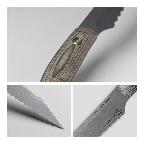  Messermeister Carbon 9” Scalloped Bread Knife - Bohler K110 High Carbon Steel with a Ceramic Stonewash Finish - Resin-Stabilized Wood Handles - Handcrafted in Maniago, Italy