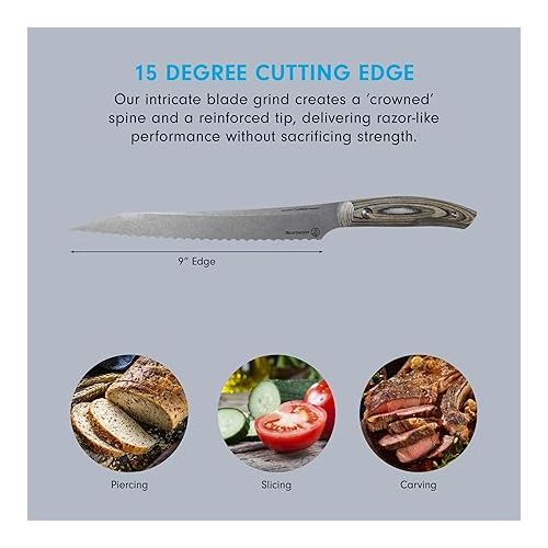  Messermeister Carbon 9” Scalloped Bread Knife - Bohler K110 High Carbon Steel with a Ceramic Stonewash Finish - Resin-Stabilized Wood Handles - Handcrafted in Maniago, Italy