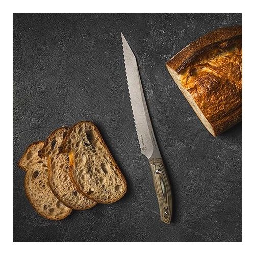  Messermeister Carbon 9” Scalloped Bread Knife - Bohler K110 High Carbon Steel with a Ceramic Stonewash Finish - Resin-Stabilized Wood Handles - Handcrafted in Maniago, Italy