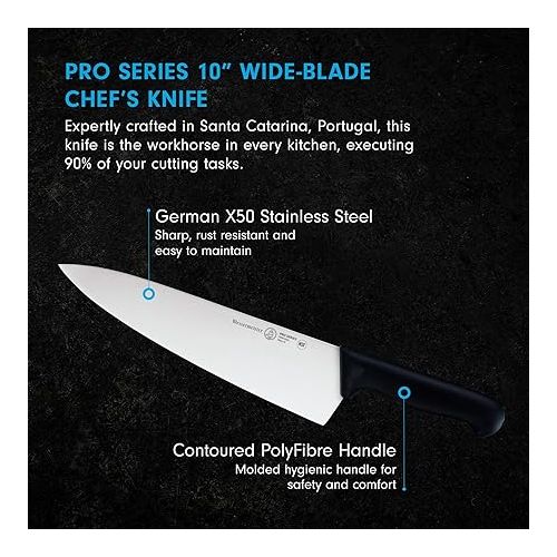  Messermeister Pro Series 10” Wide-Blade Chef’s Knife - German X50 Stainless Steel & NSF-Approved PolyFibre Handle - 15-Degree Edge, Rust Resistant & Easy to Maintain - Made in Portugal