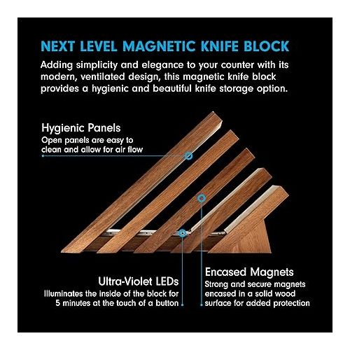  Messermeister Next Level Magnetic Knife Block, Acacia - Modern, Ventilated & Lighted with UV LEDs - Holds 16 Knives or Steels & Scissors - 12