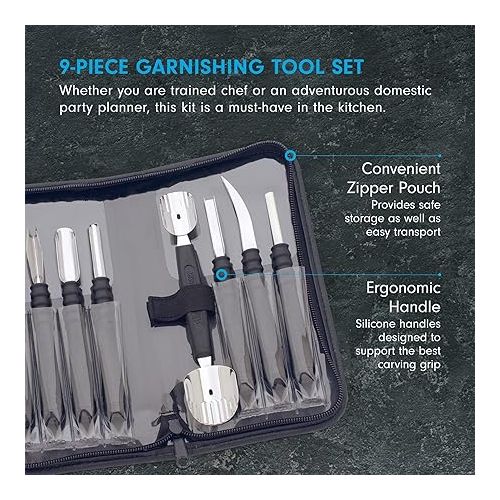  Messermeister 9-Piece Garnishing Tool Set - Most-Used Fruit, Vegetable, Garnishing & Decorating Tools - Includes Vinyl Pouch for Storage & Transport