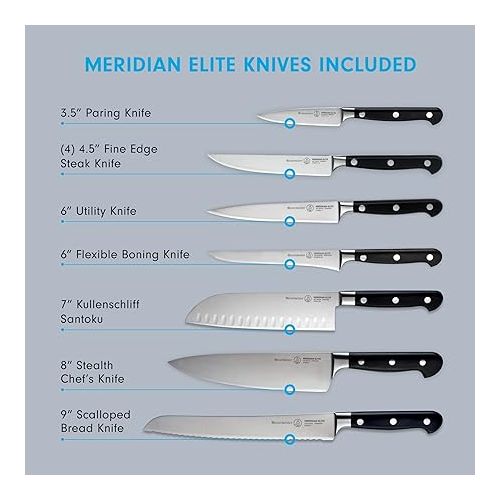  Messermeister Meridian Elite 11-Piece Next Level Block Set - Includes Includes 6 Speciality Knives, 4 Steak Knives & Knife Block