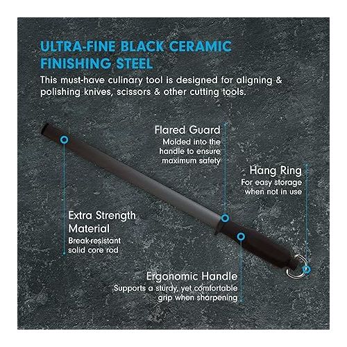  Messermeister 12” Black Ceramic Sharpening Rod - Knife Sharpener - Ultra-Fine 2200 Grit - Break-Resistant Solid Ceramic Core, Large Sharpening Surface & Soft-Grip Handle