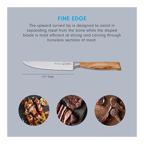  Messermeister Oliva Elite Fine-Edge Steak Knife Set - Fine German Steel Alloy Blade & Natural Mediterranean Olive Wood Handle - Rust Resistant & Easy to Maintain - Includes 4 Steak Knives