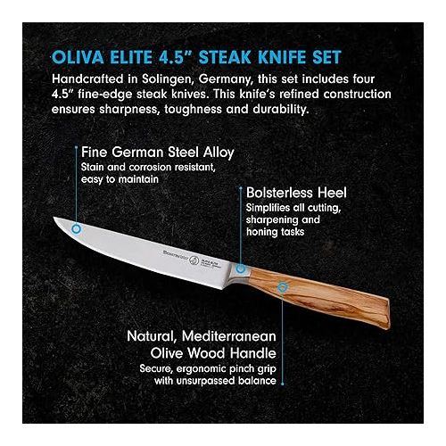  Messermeister Oliva Elite Fine-Edge Steak Knife Set - Fine German Steel Alloy Blade & Natural Mediterranean Olive Wood Handle - Rust Resistant & Easy to Maintain - Includes 4 Steak Knives
