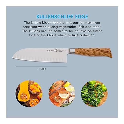  Messermeister Oliva Elite 7” Kullenschliff Santoku Knife - Japanese Chef’s Knife - German Steel Alloy Blade & Mediterranean Wood Handle - Rust Resistant & Easy to Maintain