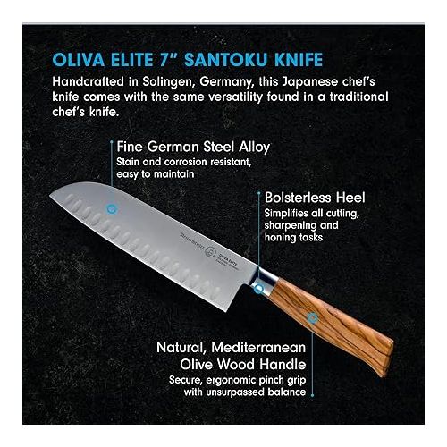  Messermeister Oliva Elite 7” Kullenschliff Santoku Knife - Japanese Chef’s Knife - German Steel Alloy Blade & Mediterranean Wood Handle - Rust Resistant & Easy to Maintain
