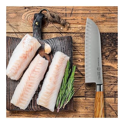  Messermeister Oliva Elite 7” Kullenschliff Santoku Knife - Japanese Chef’s Knife - German Steel Alloy Blade & Mediterranean Wood Handle - Rust Resistant & Easy to Maintain