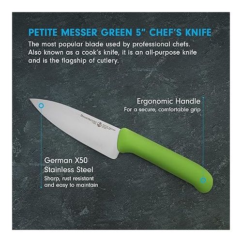  Messermeister Petite Messer 5” Chef’s Knife, Green - German 1.4116 Stainless Steel & Ergonomic Handle - Lightweight, Rust Resistant & Easy to Maintain