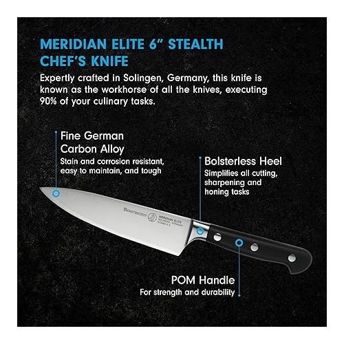  Messermeister Meridian Elite 6” Stealth Chef’s Knife - Fine German Steel Alloy Blade - Rust Resistant & Easy to Maintain