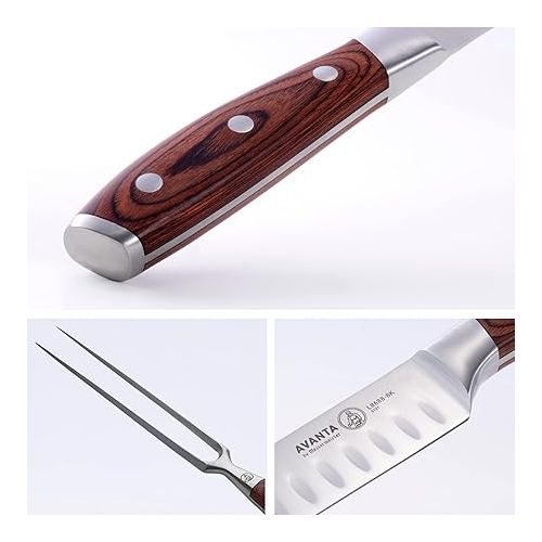  Messermeister Avanta Kullenschliff Carving Set - Includes 8” Carving & Slicing Knife + 7” Fork - German X50 Stainless Steel - Rust Resistant & Easy to Maintain