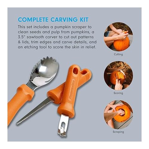  Messermeister 3-Piece Pumpkin Carving Set - Includes Scraper, Sawtooth Carver & Etching Tool - AISI420 Stainless Steel & Soft-Grip Handle