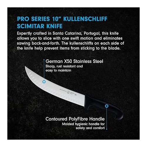  Messermeister Pro Series 10” Kullenschliff Scimitar Knife - German X50 Stainless Steel & NSF-Approved PolyFibre Handle - 15-Degree Edge, Rust Resistant & Easy to Maintain - Made in Portugal