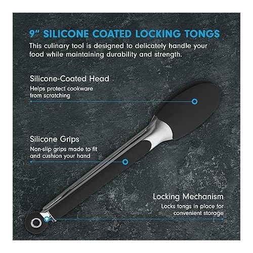  Messermeister Silicone Coated Locking Tongs, 9” - Black - Stainless Steel Rivet & Non-Slip, Silicone Tip & Handle - Heat Resistant Up to 430 Degrees Fahrenheit - Dishwasher Safe