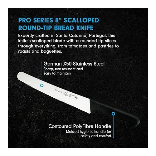  Messermeister Pro Series 8” Scalloped Round-Tip Bread Knife - German X50 Stainless Steel & NSF-Approved PolyFibre Handle - 15-Degree Edge, Rust Resistant & Easy to Maintain - Made in Portugal