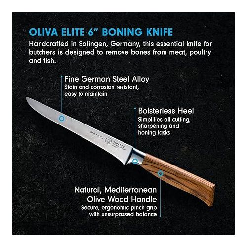  Messermeister Oliva Elite 6” Boning Knife - Fine German Steel Alloy Blade & Natural Mediterranean Olive Wood Handle - Rust Resistant & Easy to Maintain