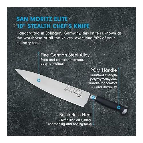  Messermeister San Moritz Elite 10” Stealth Chef’s Knife - Fine German Steel Alloy Blade - Rust Resistant & Easy to Maintain