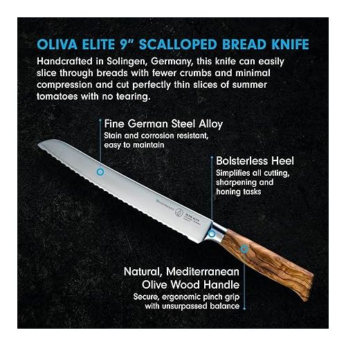  Messermeister Oliva Elite 9” Scalloped Bread Knife - Fine German Steel Alloy Blade & Natural Mediterranean Olive Wood Handle - Rust Resistant & Easy to Maintain