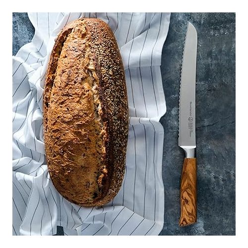  Messermeister Oliva Elite 9” Scalloped Bread Knife - Fine German Steel Alloy Blade & Natural Mediterranean Olive Wood Handle - Rust Resistant & Easy to Maintain