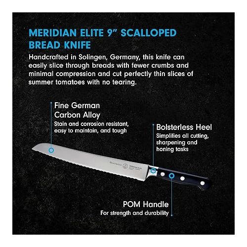  Messermeister Meridian Elite 9” Scalloped Bread Knife - Fine German Steel Alloy Blade - Rust Resistant & Easy to Maintain