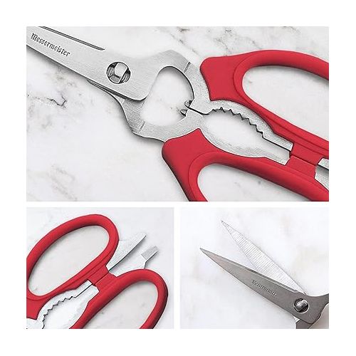  Messermeister 8-Inch Take-Apart Kitchen Scissors, Red - Includes Screwdriver, Nut Cracker, Jar Lid Opener/Gripper, Bottle Opener & Bone + Twig Cutter - Suitable for Lefties & Righties