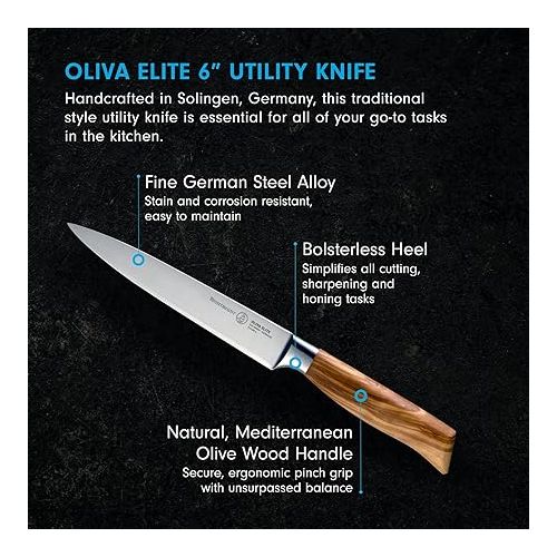  Messermeister Oliva Elite 6” Utility Knife - Fine German Steel Alloy Blade & Natural Mediterranean Olive Wood Handle - Rust Resistant & Easy to Maintain