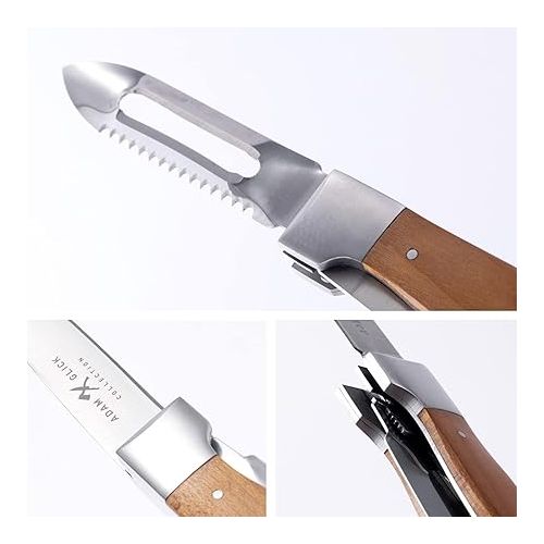  Messermeister Adventure Chef Folding Peeler & Parer - Includes Full-Sized Paring Knife, Peeler & Scaler - 303 Stainless Steel & Carbonized Maple Handle