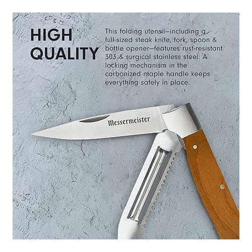  Messermeister Adventure Chef Folding Peeler & Parer - Includes Full-Sized Paring Knife, Peeler & Scaler - 303 Stainless Steel & Carbonized Maple Handle