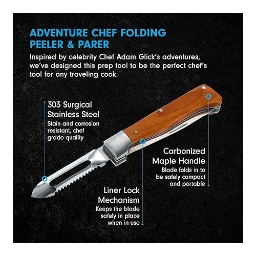  Messermeister Adventure Chef Folding Peeler & Parer - Includes Full-Sized Paring Knife, Peeler & Scaler - 303 Stainless Steel & Carbonized Maple Handle
