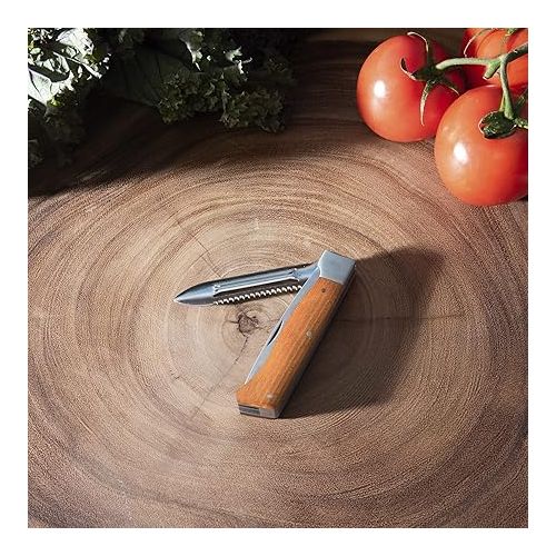  Messermeister Adventure Chef Folding Peeler & Parer - Includes Full-Sized Paring Knife, Peeler & Scaler - 303 Stainless Steel & Carbonized Maple Handle