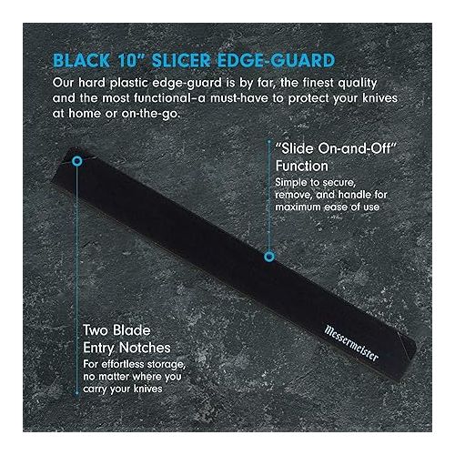  Messermeister 10” Slicer Edge-Guard, Black - Fashionable & Functional Knife Protector for Carving & Slim-Blade Knives - 2 Blade Entry Notches - 10.5” x 0.9375”