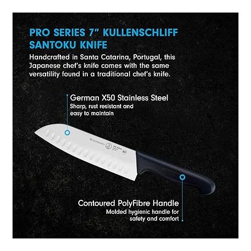  Messermeister Pro Series 7” Kullenschliff Santoku Knife - Japanese Chef’s Knife - German X50 Stainless Steel & NSF-Approved PolyFibre Handle - Rust Resistant & Easy to Maintain - Made in Portugal