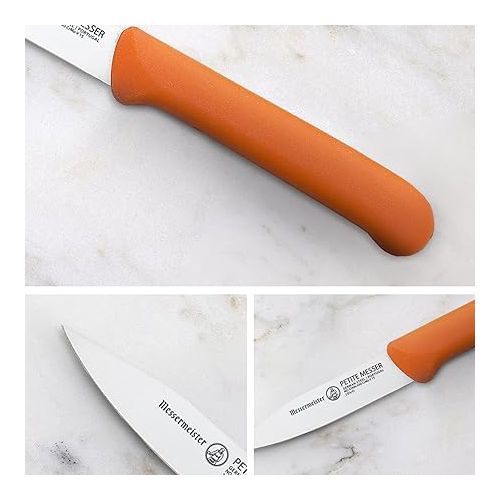  Messermeister Petite Messer 3” Spear Point Parer with Matching Sheath, Orange - German 1.4116 Stainless Steel & Ergonomic Handle - Lightweight, Rust Resistant & Easy to Maintain