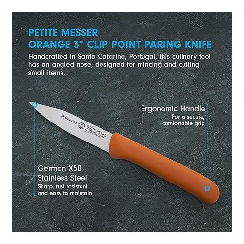  Messermeister Petite Messer 3” Spear Point Parer with Matching Sheath, Orange - German 1.4116 Stainless Steel & Ergonomic Handle - Lightweight, Rust Resistant & Easy to Maintain